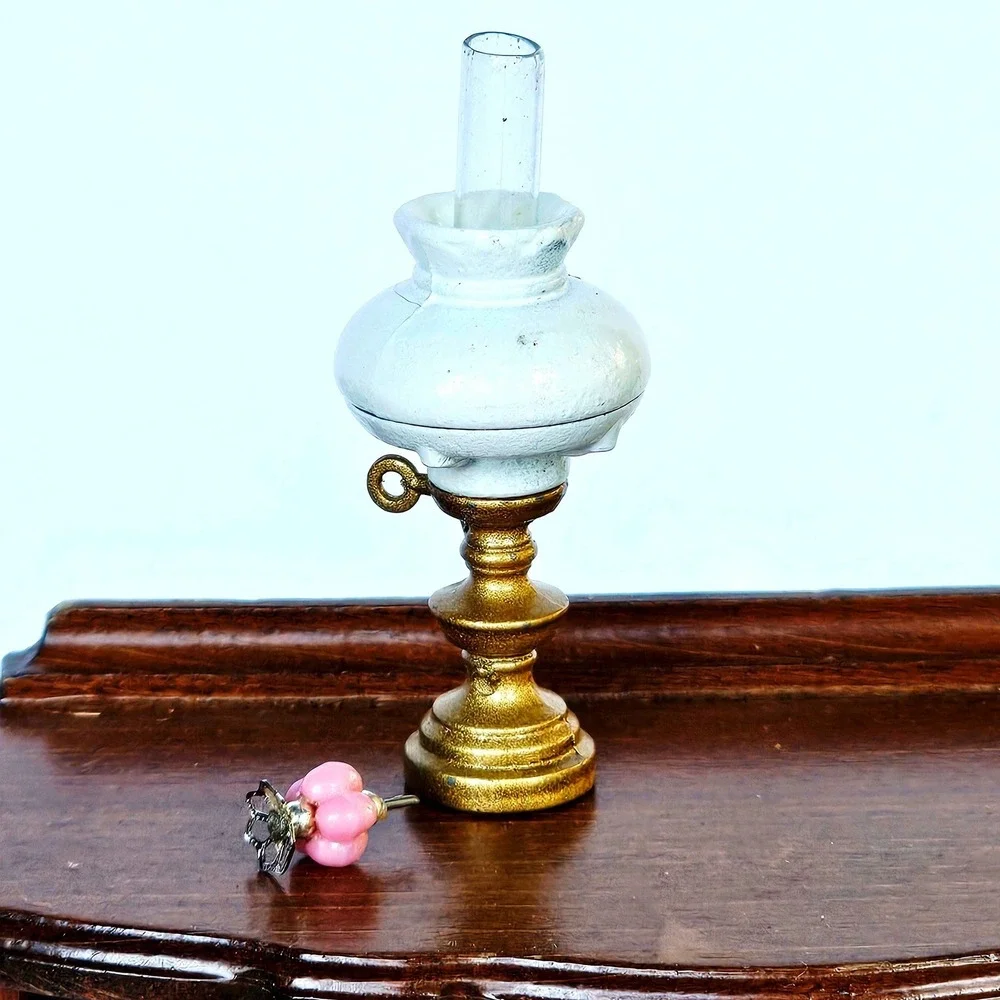 Vtg Dollhouse Brass Victorian Mini Oil Lamp Hurricane Gold White Shabby Chic